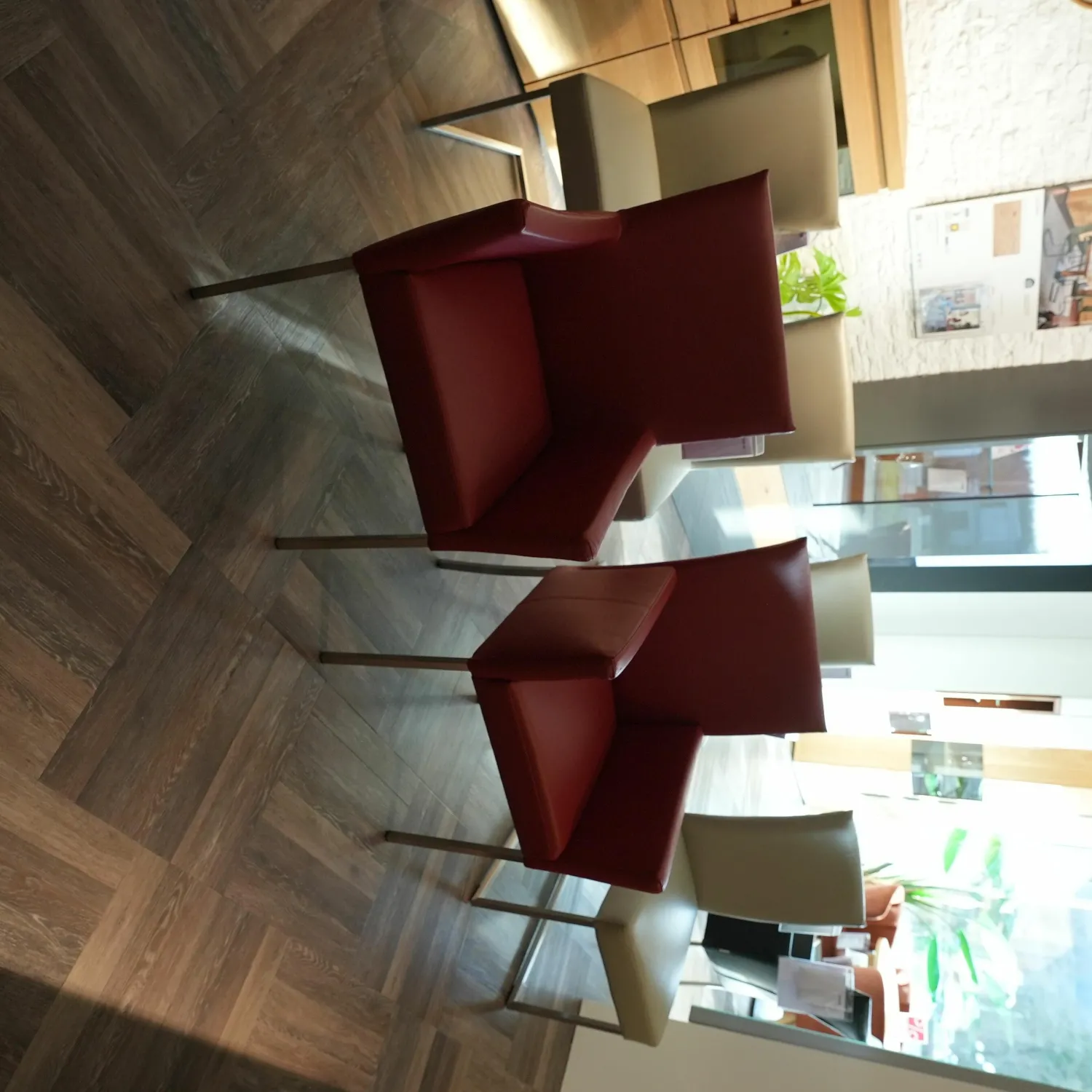 Musterring Stuhlsets|Stuhlgruppe Nova Stuhlwerk Leder Tendens Paprika Rot Und Kiesel Grau Gestell Edelstahl Quadratisch