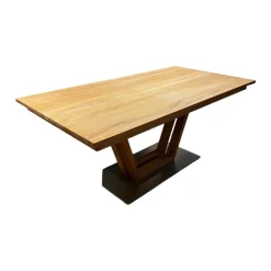 Global Esstische|Säulen-Esstisch Faro Plus Platte Kernbuche Geölt Bodenplatte Edelstahloptik Mit Auszug