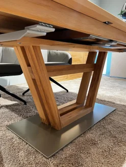 Global Esstische|Säulen-Esstisch Faro Plus Platte Kernbuche Geölt Bodenplatte Edelstahloptik Mit Auszug