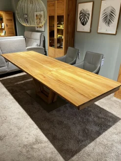 Global Esstische|Säulen-Esstisch Faro Plus Platte Kernbuche Geölt Bodenplatte Edelstahloptik Mit Auszug