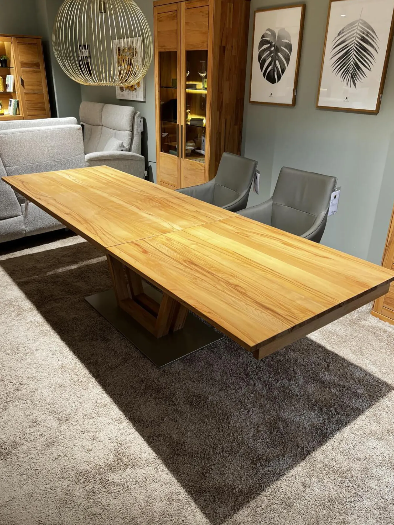 Global Esstische|Säulen-Esstisch Faro Plus Platte Kernbuche Geölt Bodenplatte Edelstahloptik Mit Auszug