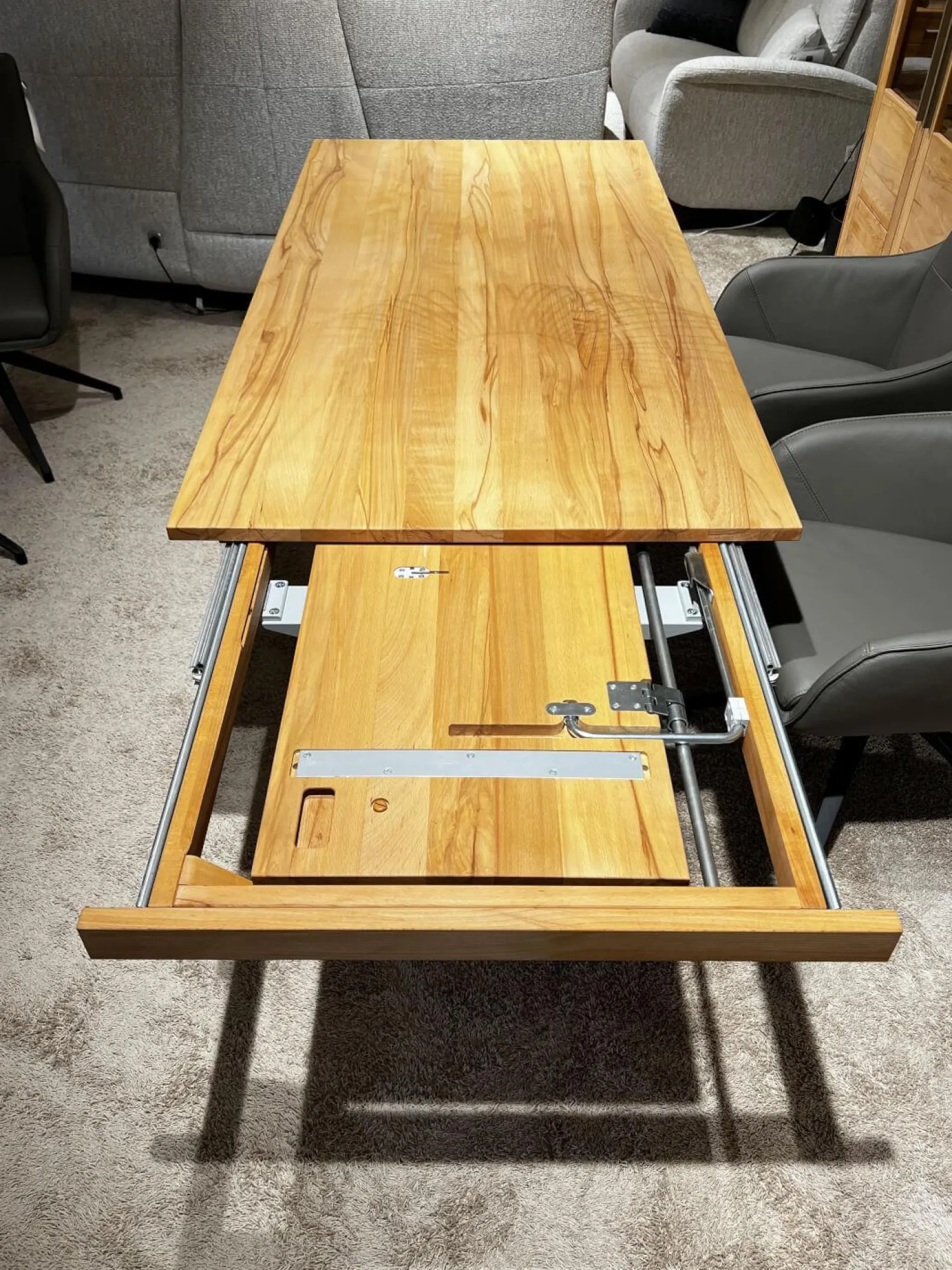 Global Esstische|Säulen-Esstisch Faro Plus Platte Kernbuche Geölt Bodenplatte Edelstahloptik Mit Auszug