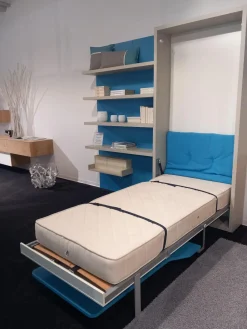 Clei Regale|Systemwand Telemaco Strukturlack Canapa Hellblau Und Weiss Mit LED Beleuchtung Und Intrigierten Klappbett Ohne Dekoration