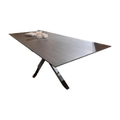 Global Esstische|Tisch 3150 Platte Eiche Massiv Night Lackiert Epoxidharz Dunkel Gestell Moon Leg Schwarz Pulverbeschichtet