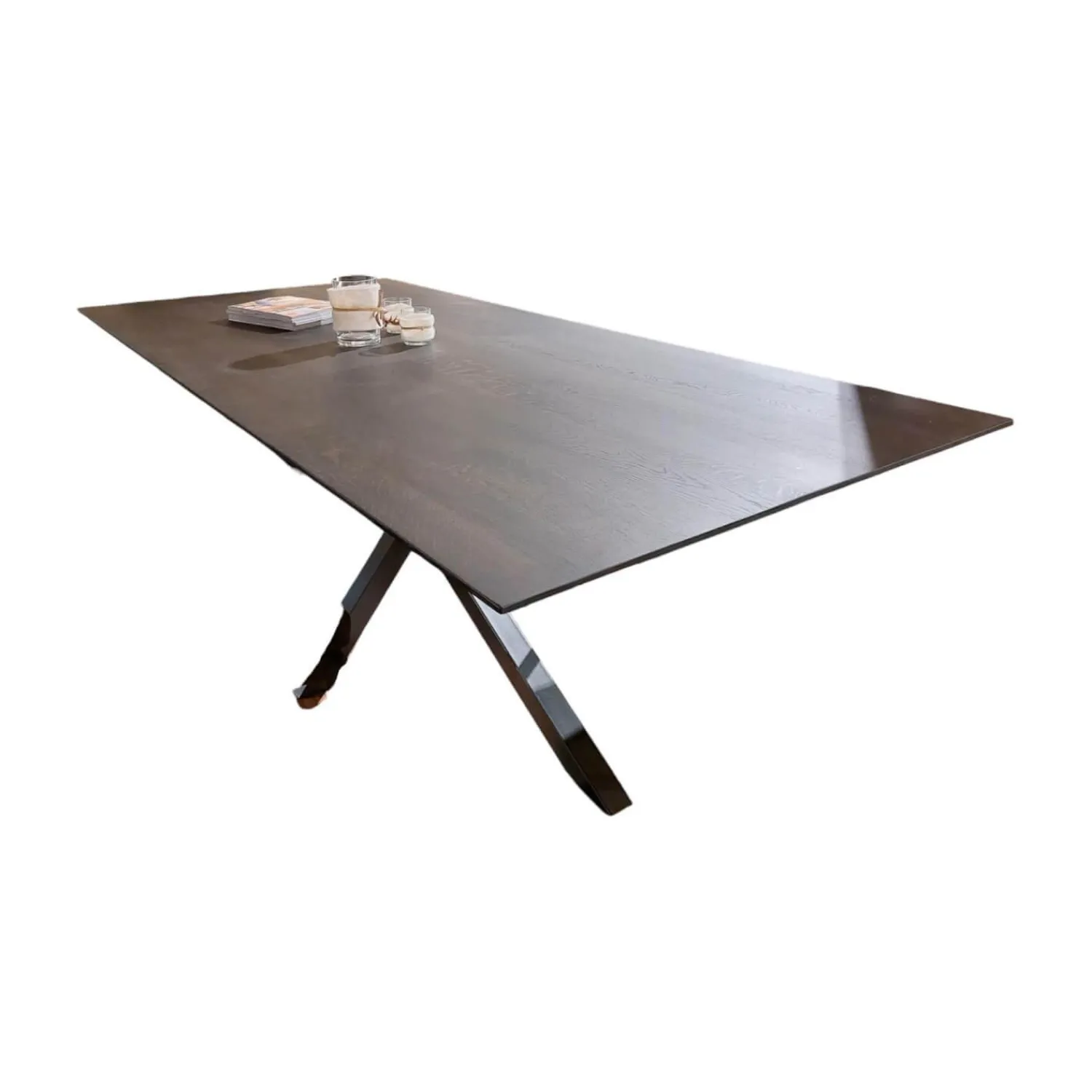 Global Esstische|Tisch 3150 Platte Eiche Massiv Night Lackiert Epoxidharz Dunkel Gestell Moon Leg Schwarz Pulverbeschichtet