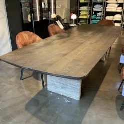 Janua Esstische|Tisch BC 17 T-Rox Platte Eiche Geräuchert Anthrazit Geölt Gestell Travertin Titanium