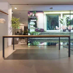 Janua Esstische|Tisch S600 Outdoor Akazie Gebürstet Roh Braun Gestell Edelstahl Pulverbeschichtet Schiefergrau Schwarz