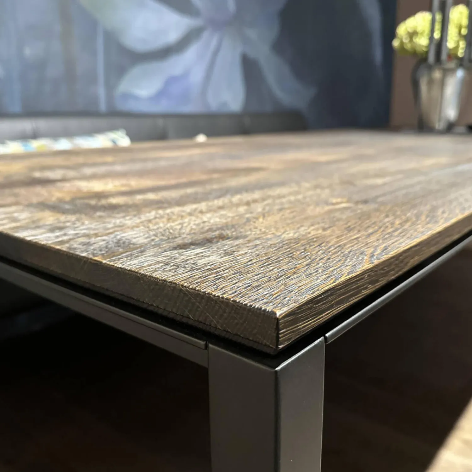 Janua Esstische|Tisch S600 Platte Eiche Geräuchert Anthrazit Geölt Und Gebürstet Gestell Rohstahl Lasur Double Brand Color Schwarz