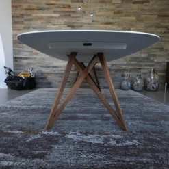 Walter Knoll Esstische|Tisch Seito Quarzstein Weiß Gestell Holz Nussbaum Mit Splitanteil Geölt Bootsförmig