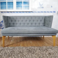 Bielefelder Werkstätten Bänke|Tischbank Bezug CA1463 082 Blau Grau Gestell Eiche Natur Geölt