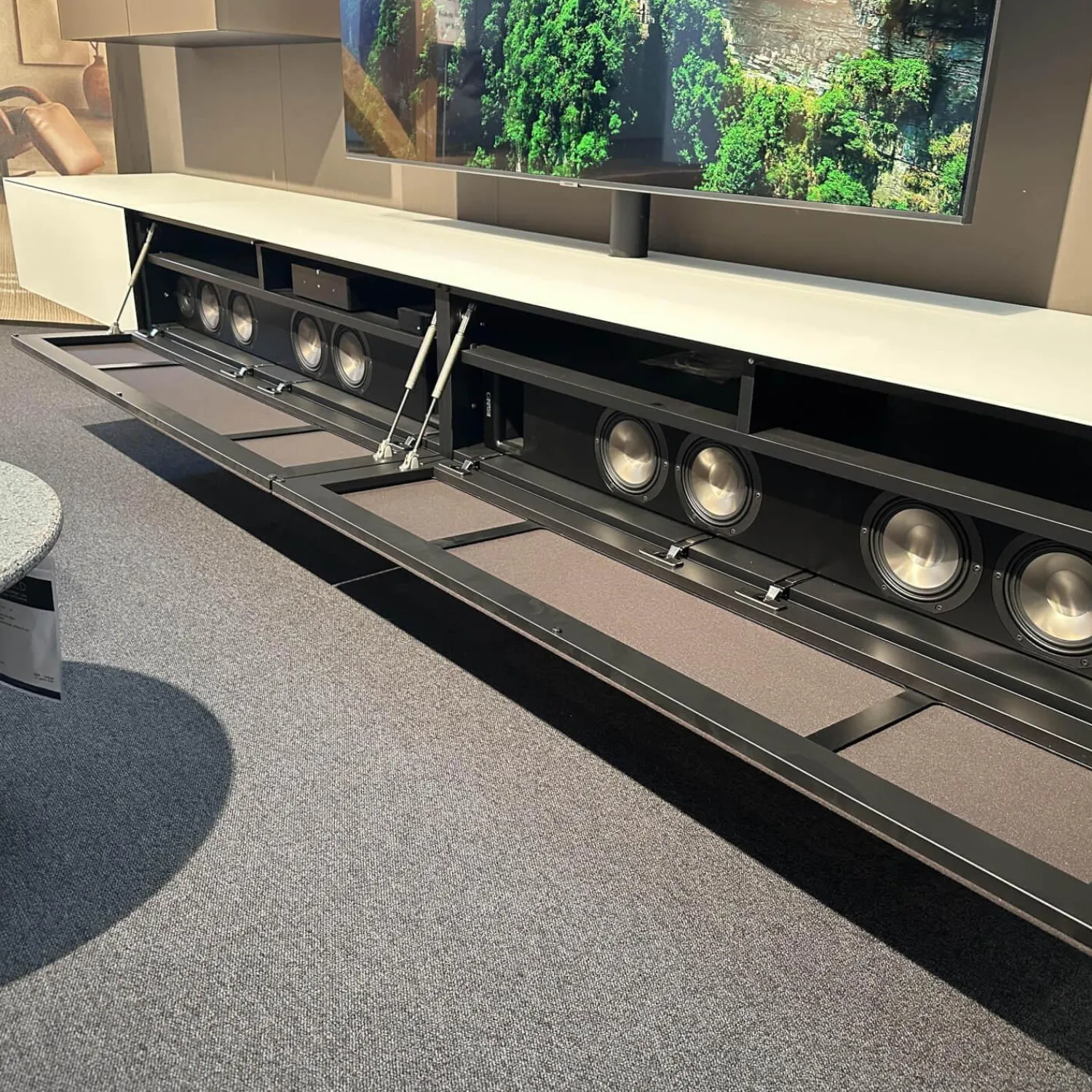 Spectral Smart Furniture Wohnwände & Tv-Lowboards|TV Kombination Ameno Korpus Lack Black Schwarz Front Glas Metallic Bronze Und Stoff Carbon Glas Snow Weiß