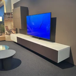 Spectral Smart Furniture Wohnwände & Tv-Lowboards|TV Kombination Ameno Korpus Lack Black Schwarz Front Glas Metallic Bronze Und Stoff Carbon Glas Snow Weiß