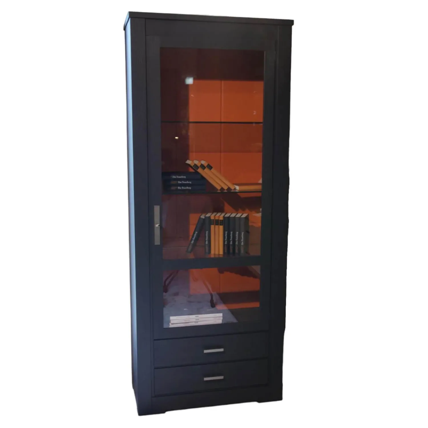 Form Exclusiv Vitrinen & Highboards|Vitrine Bordeaux Europäische Wildkirsche Massiv Rückwand Lachsrot Reliefstruktur Anthrazit