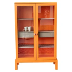 Form Exclusiv Vitrinen & Highboards|Vitrine Hampton Eiche Massiv Geölt Offenporig Lackiert In Pantone Orange Tür Klarglas Mit Ledergriffen