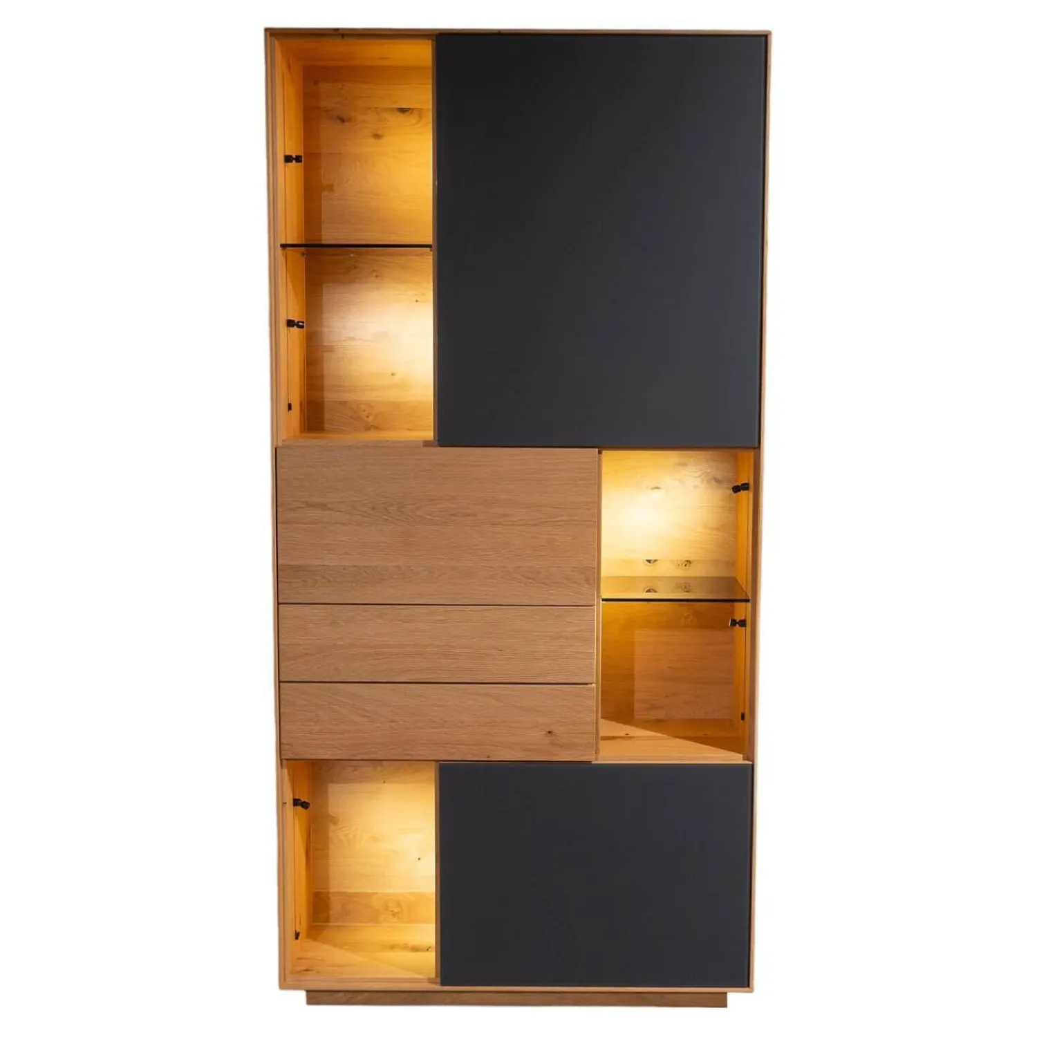 Anrei Vitrinen & Highboards|Vitrine SY 772 Puro Syle Asteiche Massiv Gebürstet Natur Geölt Farbglas Schwarzgrau Matt Mit Sockel Und Beleuchtung