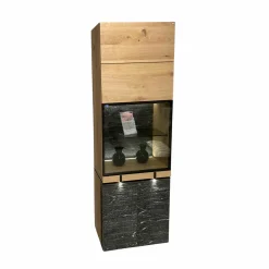 Voglauer Vitrinen & Highboards|Vitrine V-Rock Alteiche Rustiko Steinakzent Mit Steinrückwand Inklusive Beleuchtung