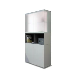 Kettnaker Vitrinen & Highboards|Vitrinenschrank Soma Lack Matt Weiß Und Vulkangrau Grau Matt Weißglas Satiniert Matt Mit Beleuchtung