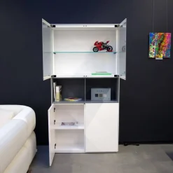 Kettnaker Vitrinen & Highboards|Vitrinenschrank Soma Lack Matt Weiß Und Vulkangrau Grau Matt Weißglas Satiniert Matt Mit Beleuchtung