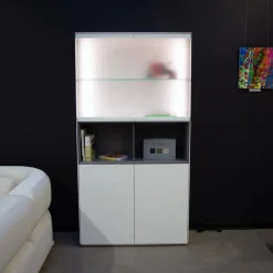 Kettnaker Vitrinen & Highboards|Vitrinenschrank Soma Lack Matt Weiß Und Vulkangrau Grau Matt Weißglas Satiniert Matt Mit Beleuchtung