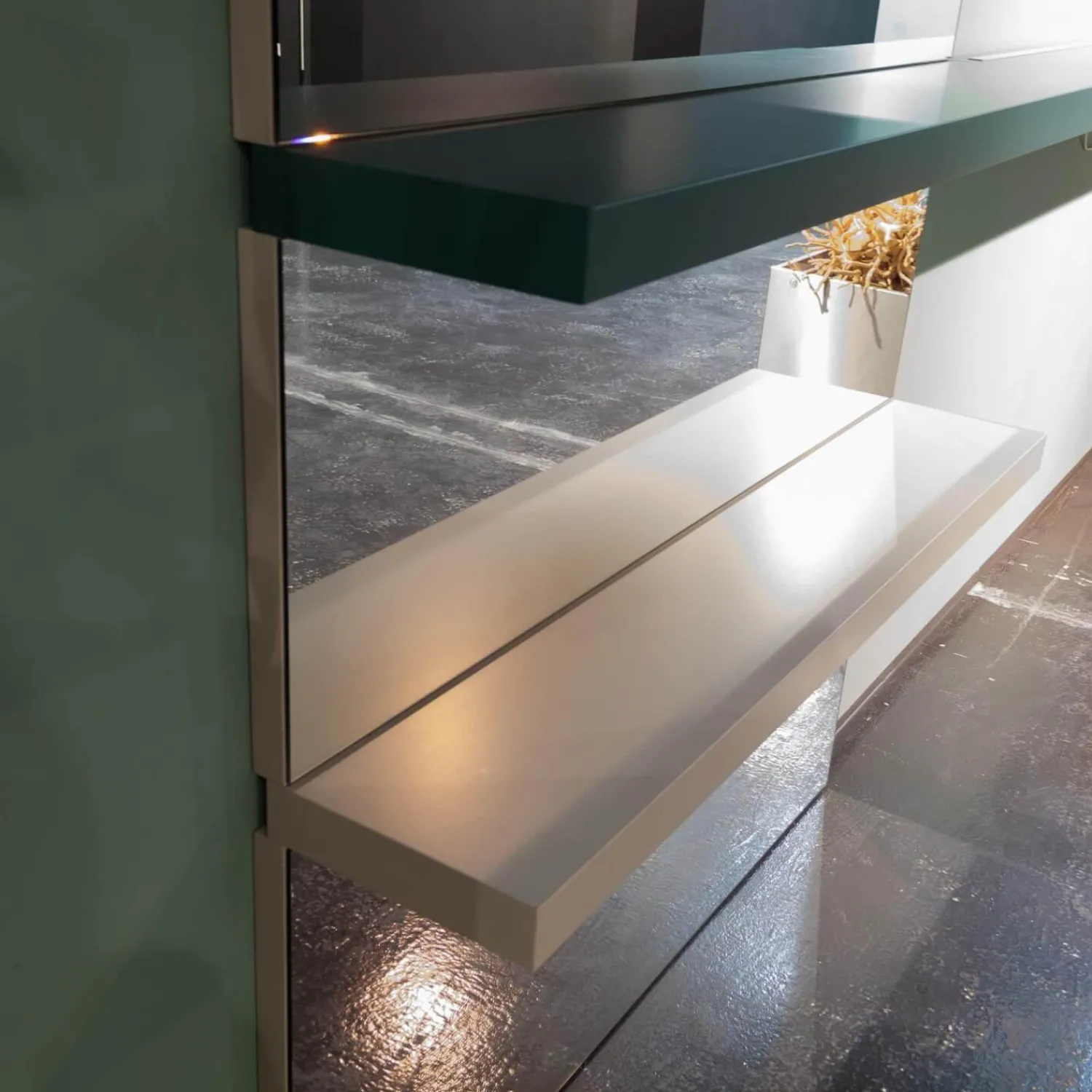 Presotto Regale|Wandborde Mit Spiegelpaneele Lack Matt Beige Seta Und Verde Blau Mit Beleuchtung