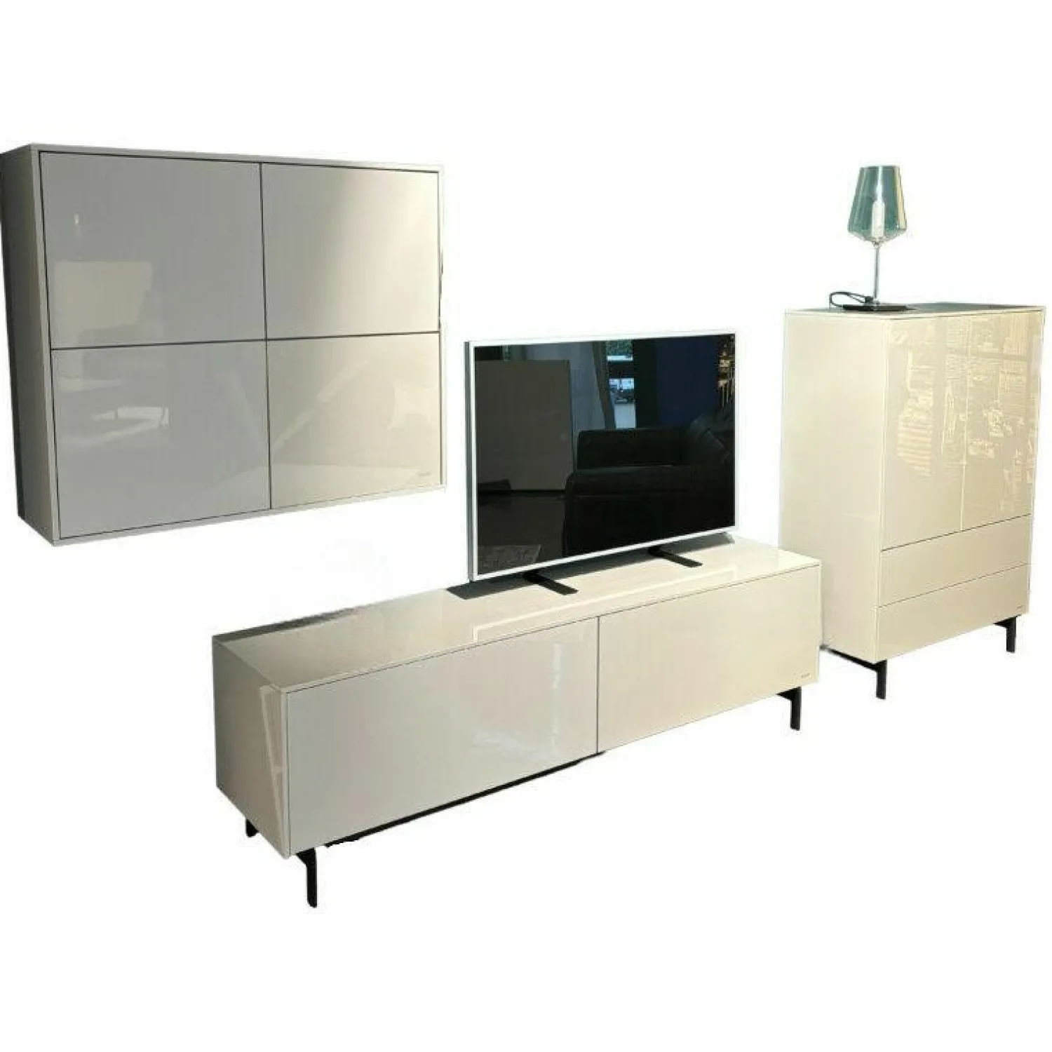 JOOP! Wohnwände & Tv-Lowboards|Wohnkombi Lack Kristallgrau Grau Hochglanz Metallkufe Schwarz Inklusive Beleuchtung