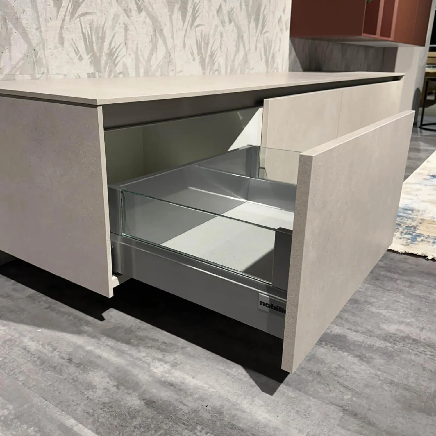 Nobilia Wohnwände & Tv-Lowboards|Wohnkombination 371 Riva Lack 842 Beton Sand Beige Und 122 Sand Rot Mit Beleuchtung