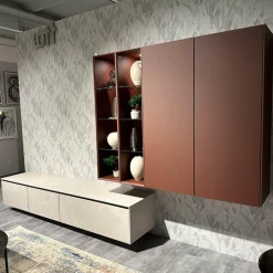 Nobilia Wohnwände & Tv-Lowboards|Wohnkombination 371 Riva Lack 842 Beton Sand Beige Und 122 Sand Rot Mit Beleuchtung