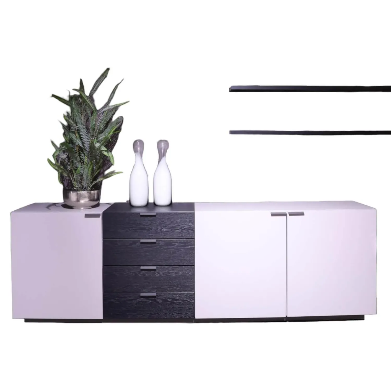 Global Wohnwände & Tv-Lowboards|Wohnkombination 4450 Vorschlag 8185 Lack Platingrau Griffe Titangrau Regalböden Eiche Schwarz Echtholzfurniert