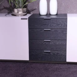 Global Wohnwände & Tv-Lowboards|Wohnkombination 4450 Vorschlag 8185 Lack Platingrau Griffe Titangrau Regalböden Eiche Schwarz Echtholzfurniert