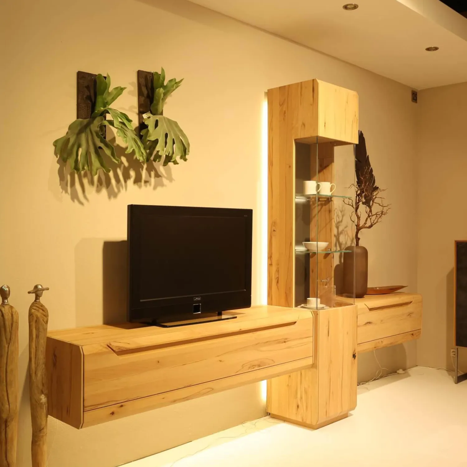 Decker Wohnwände & Tv-Lowboards|Wohnkombination Cavani Astbuche Bianco Boden Und Rückwand Glas Anthrazit Mit Beleuchtung