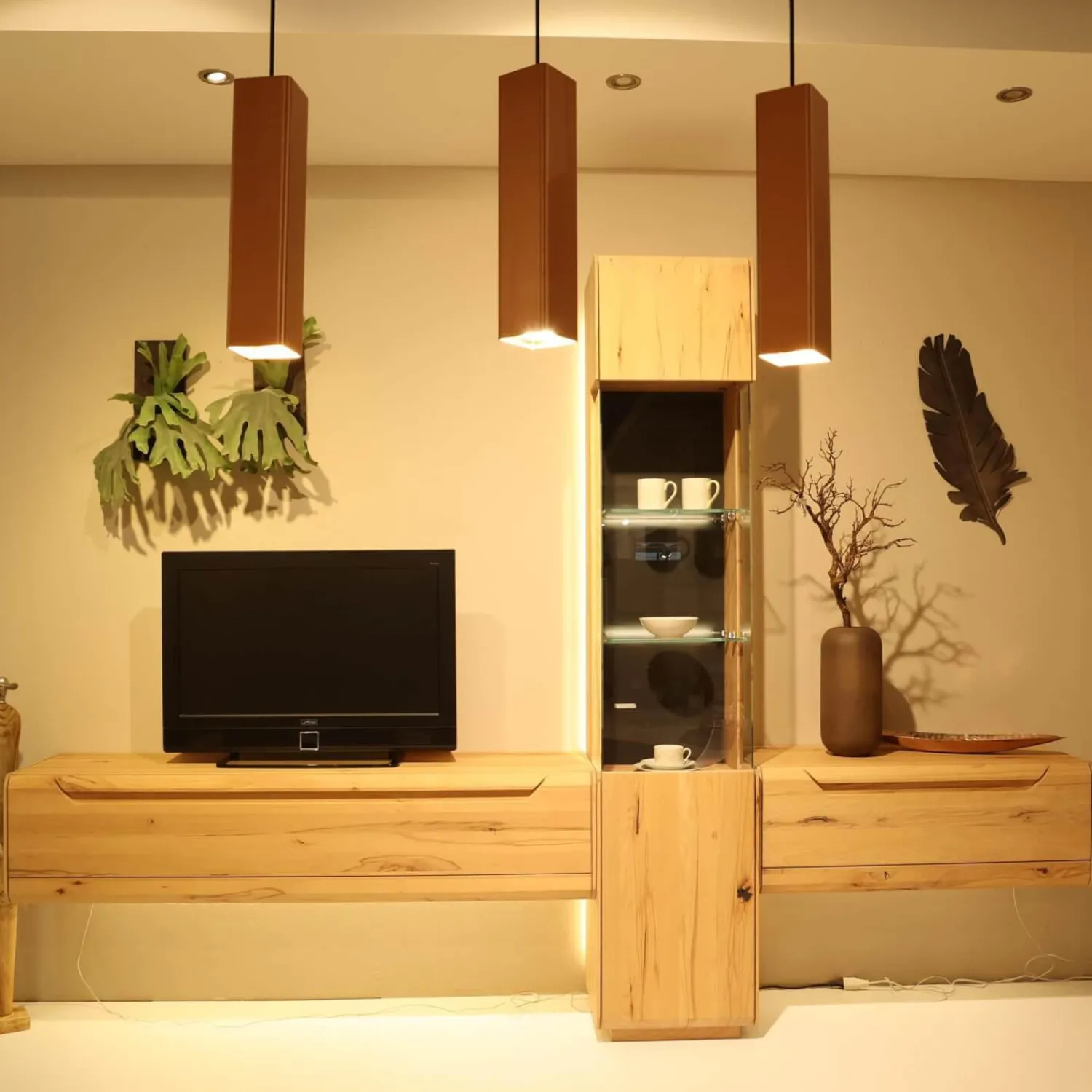 Decker Wohnwände & Tv-Lowboards|Wohnkombination Cavani Astbuche Bianco Boden Und Rückwand Glas Anthrazit Mit Beleuchtung