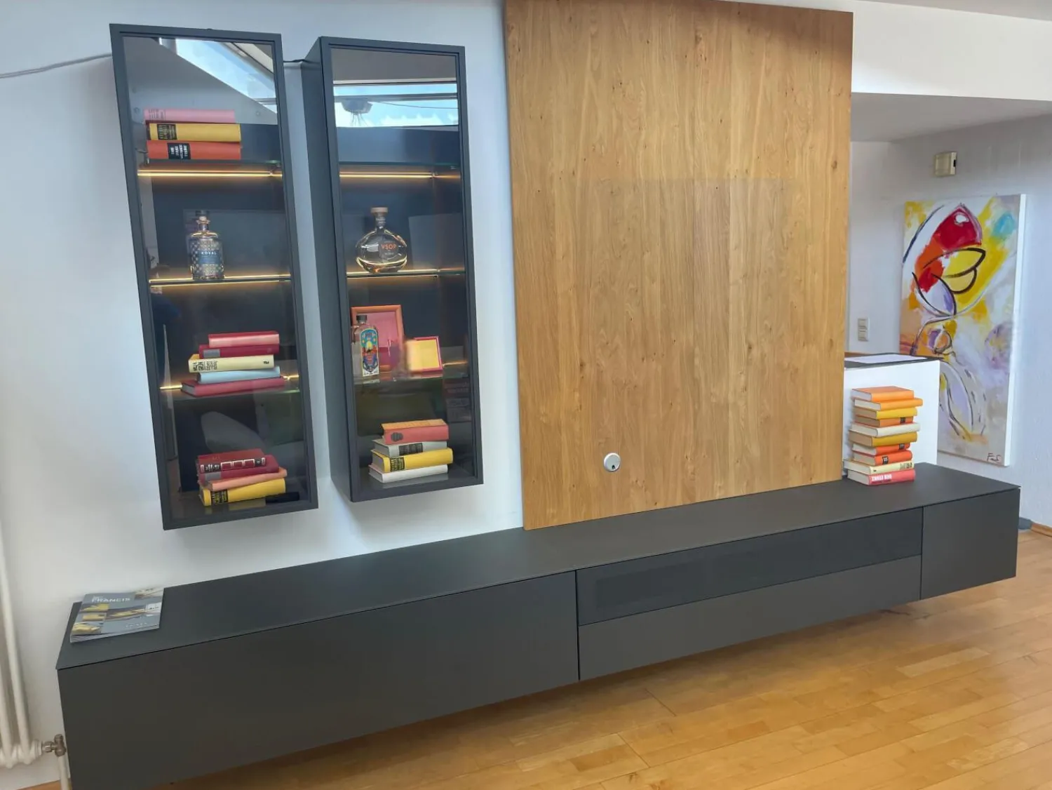 Sudbrock Wohnwände & Tv-Lowboards|Wohnkombination Cubo Lack Quarz Schwarz Paneel Eiche Astig Wandschrank Aluminium Glastür Schwarz Mit Beleuchtung