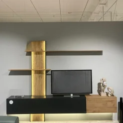 Musterring Wohnwände & Tv-Lowboards|Wohnkombination Trevi 7250 V22 Kerneiche Umato Birke Lack Anthrazit Paneel Riffholz Inklusive Beleuchtung