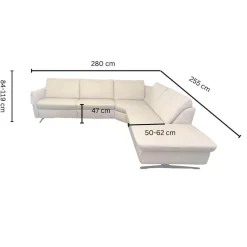 Polsteria Wohnlandschaften|Wohnlandschaft Amalfi Leder Evita Ecru Beige Grau Füße Metallkufe Schwarz Lackiert Mit Elektrische Relaxverstellung