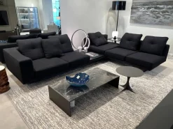 Minotti Wohnlandschaften|Wohnlandschaft Dylan Stoff Ginza Col. 09 Nero Schwarz Basis Leder Nabuk Kufen Zinnfarbig