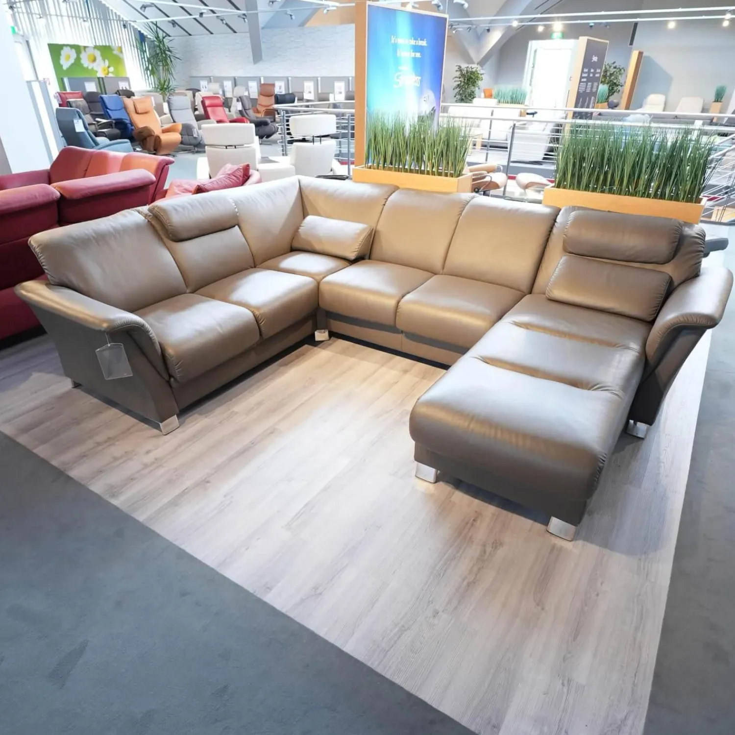 Stressless Wohnlandschaften|Wohnlandschaft E40 Leder Paloma Khaki Grau Grün Füße Metall Inklusive Nacken Und Lendenkissen Set