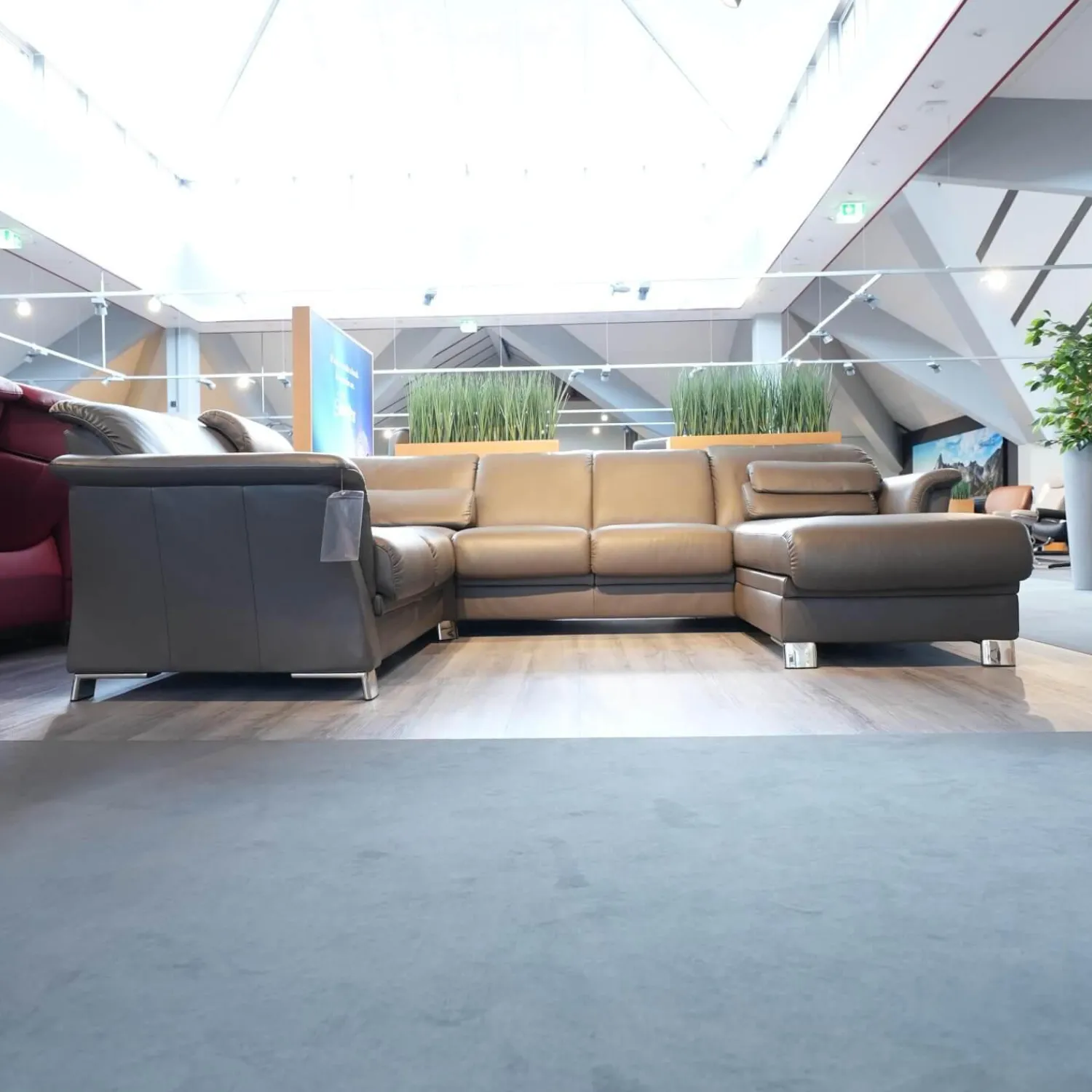 Stressless Wohnlandschaften|Wohnlandschaft E40 Leder Paloma Khaki Grau Grün Füße Metall Inklusive Nacken Und Lendenkissen Set