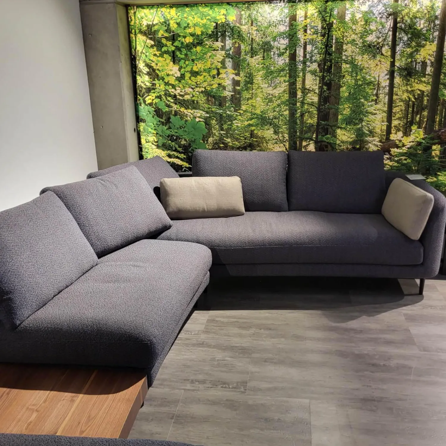 Rolf Benz Wohnlandschaften|Wohnlandschaft Kumo Stoff 17 705 Stahlblau Grau Fuß Aluminium Glatt RAL 9017 Verkehrsschwarz Mit Ablage Nussbaum Und Kissen