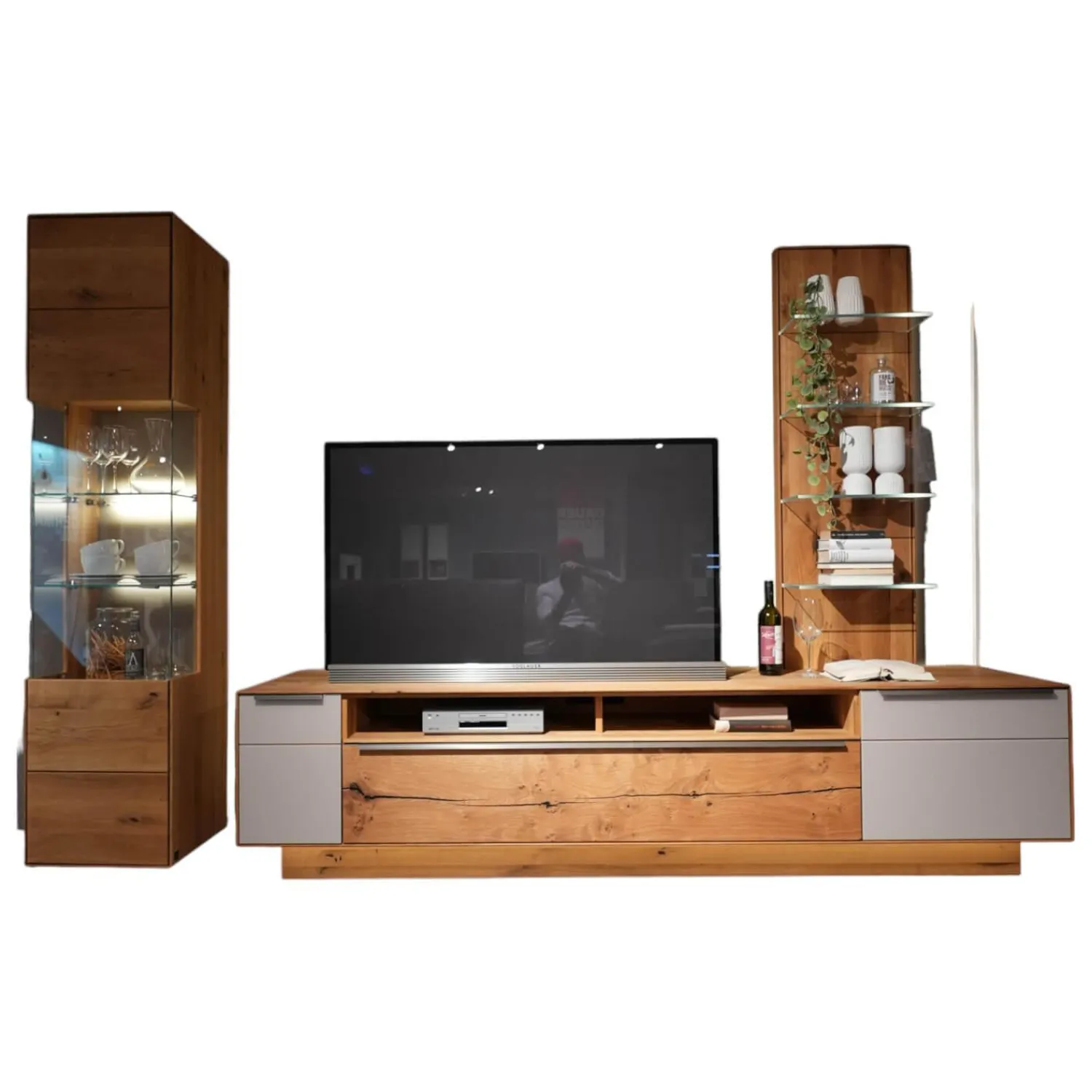 Decker Wohnwände & Tv-Lowboards|Wohnwand 2020 Asteiche Geölt Braun Glas Optiwhite Weiß