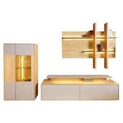 Hartmann Wohnwände & Tv-Lowboards|Wohnwand 2001 Kerneiche Natur Gebürstet Absetzungen Mattglas Naturgrau Mit Beleuchtung