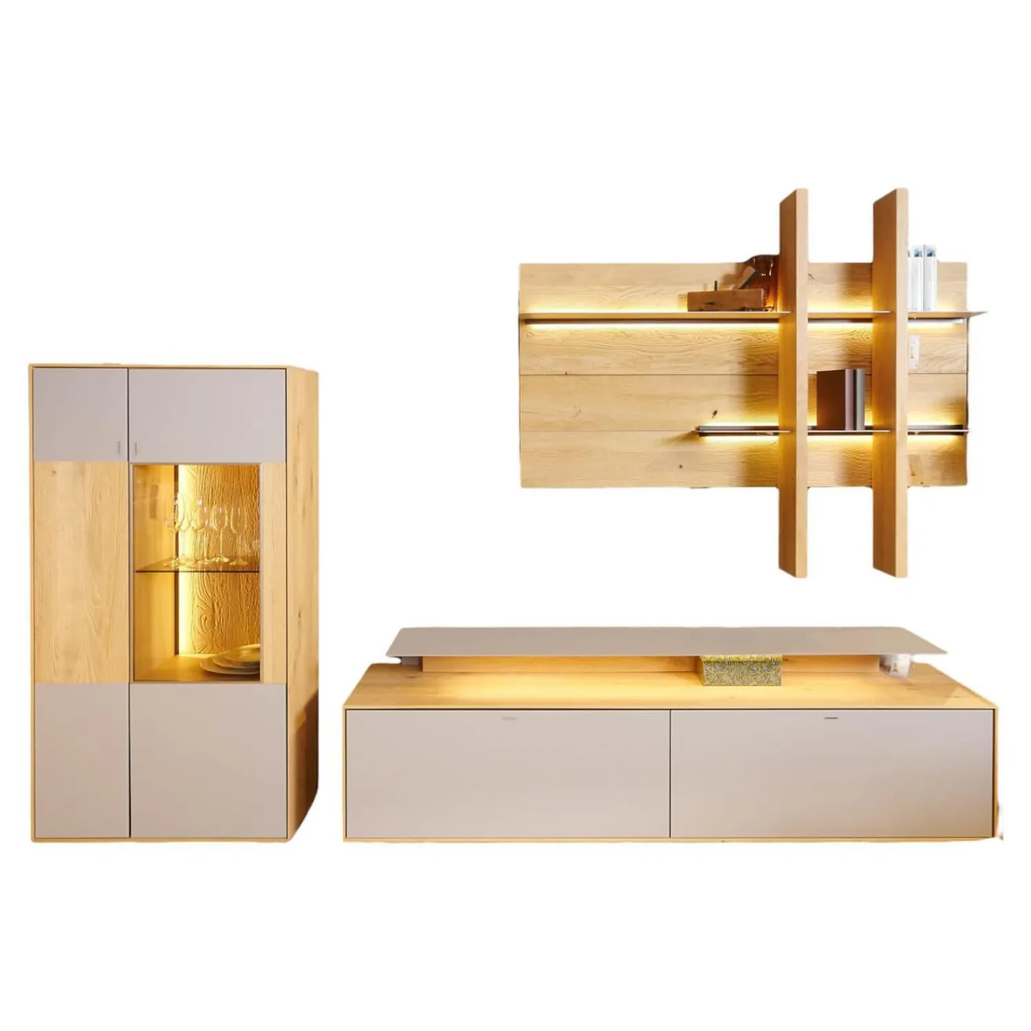 Hartmann Wohnwände & Tv-Lowboards|Wohnwand 2001 Kerneiche Natur Gebürstet Absetzungen Mattglas Naturgrau Mit Beleuchtung