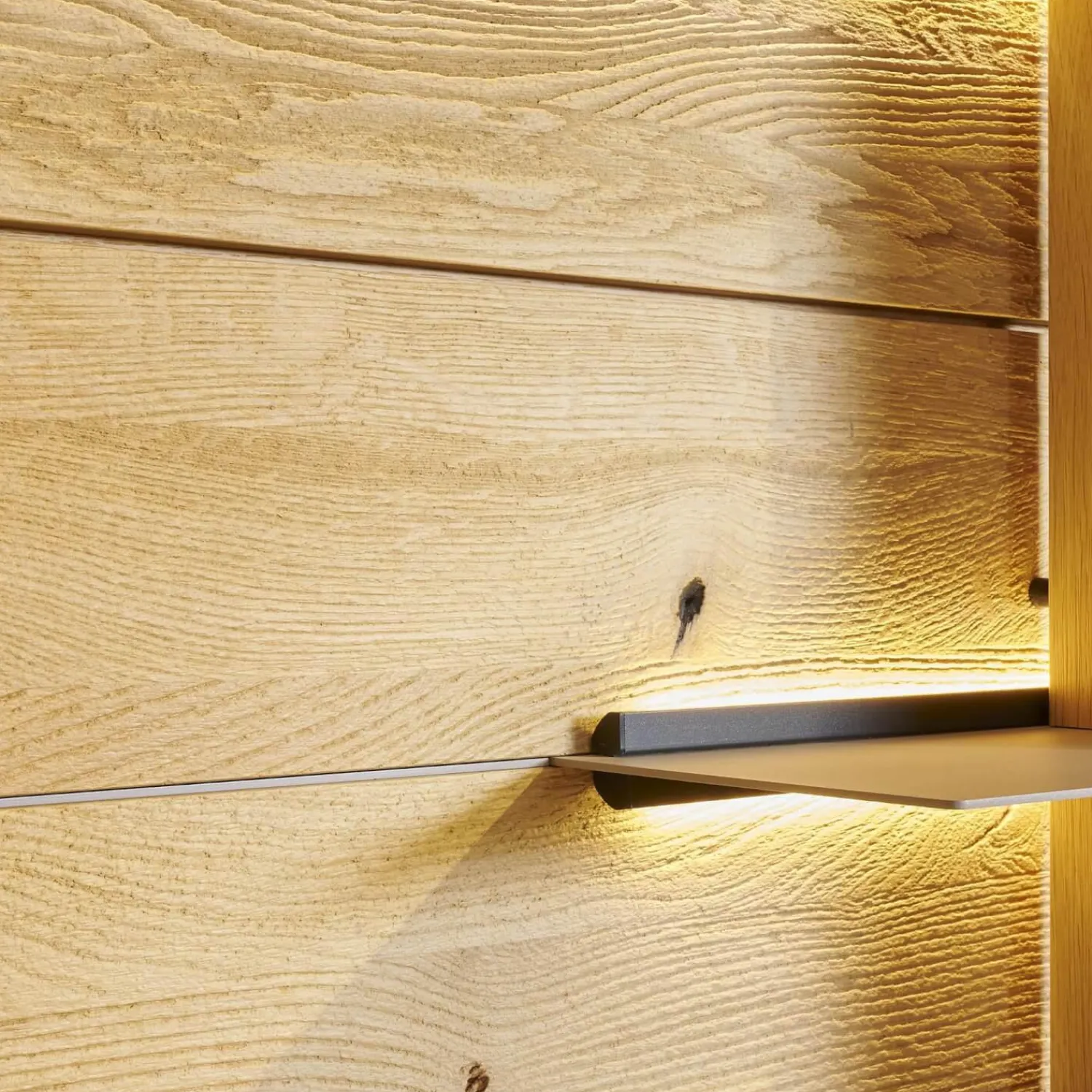 Hartmann Wohnwände & Tv-Lowboards|Wohnwand 2001 Kerneiche Natur Gebürstet Absetzungen Mattglas Naturgrau Mit Beleuchtung