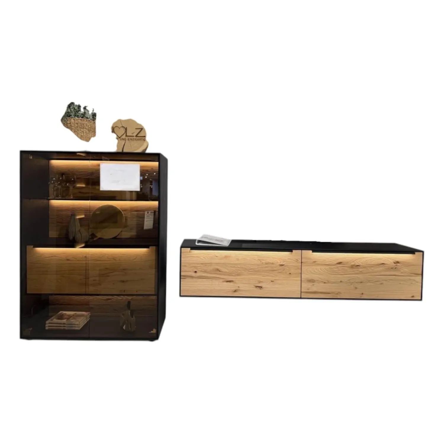 Hartmann Wohnwände & Tv-Lowboards|Wohnwand 2026 Riffbuche Massiv Absetzung Kernesche Gebürstet Anthrazit Gebeizt Inklusive Beleuchtung