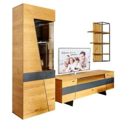 Wohn Concept Wohnwände & Tv-Lowboards|Wohnwand 2021 Vollholz Wildeiche Furniert Mattlack Beton Grau Griffe Und Füße Metall Effektlack Matt Grey Grau Glas Parasolglas Braun Mit Beleuchtung