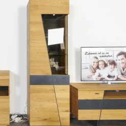 Wohn Concept Wohnwände & Tv-Lowboards|Wohnwand 2021 Vollholz Wildeiche Furniert Mattlack Beton Grau Griffe Und Füße Metall Effektlack Matt Grey Grau Glas Parasolglas Braun Mit Beleuchtung