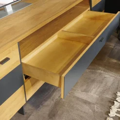 Wohn Concept Wohnwände & Tv-Lowboards|Wohnwand 2021 Vollholz Wildeiche Furniert Mattlack Beton Grau Griffe Und Füße Metall Effektlack Matt Grey Grau Glas Parasolglas Braun Mit Beleuchtung