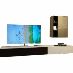 Spectral Smart Furniture Wohnwände & Tv-Lowboards|Wohnwand Ameno Lowboard Glas Snow Weiß Satiniert Mit Textilgewebe Carbon Schwarz Hängeschrank Front Glas Champagner Grau Beige Korpus Furnier Eiche Smoked Anthrazit Inklusive Beleuchtung Und Lautsprecher