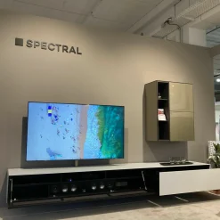 Spectral Smart Furniture Wohnwände & Tv-Lowboards|Wohnwand Ameno Lowboard Glas Snow Weiß Satiniert Mit Textilgewebe Carbon Schwarz Hängeschrank Front Glas Champagner Grau Beige Korpus Furnier Eiche Smoked Anthrazit Inklusive Beleuchtung Und Lautsprecher