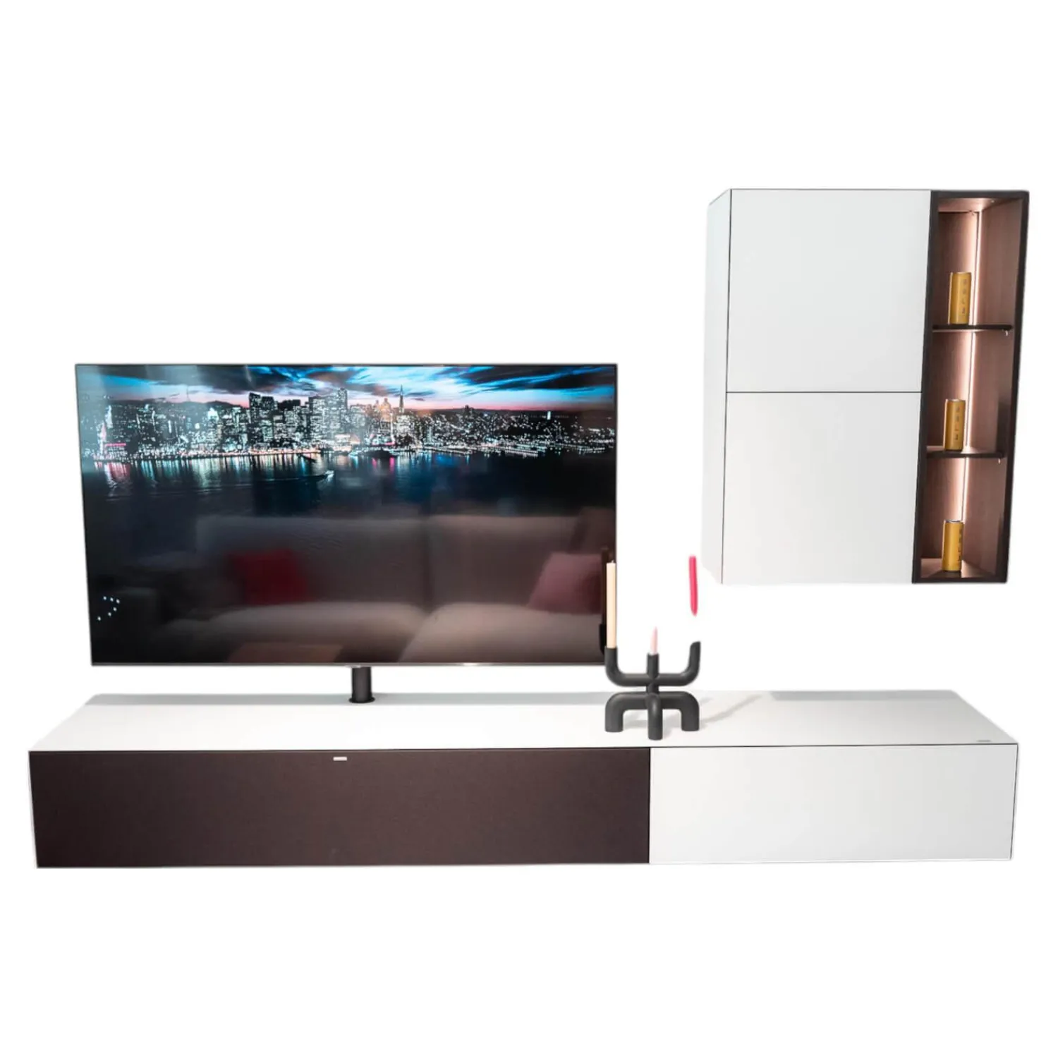 Spectral Smart Furniture Wohnwände & Tv-Lowboards|Wohnwand Ameno Side 1 Colour Glas Snow Weiß Akzente Oak Smoked mit TV-Halterung