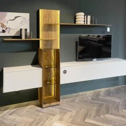 Hartmann Wohnwände & Tv-Lowboards|Wohnwand Benjo 7720W V20 Kerneiche Umato Sägerau Gebürstet Applikation Lack Weiß Mit Beleuchtung